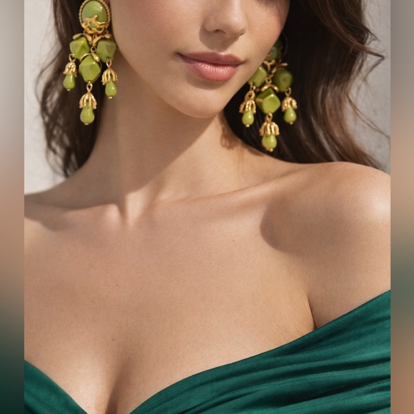 Lime Green & Gold Statement Drop Earrings – Modern Geometric Chandelier Style - Picture 4 of 7